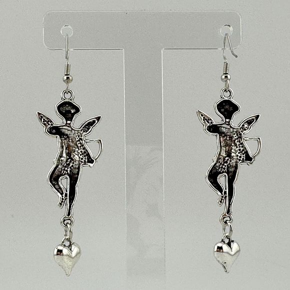 Cupid Angel Heart Dangle Charm Earrings Silver Tone 3" Long Valentine Love Shiny - Picture 4 of 6